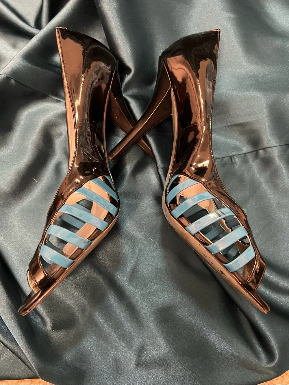 Jessica Simpson Black Patent Peep-Toe Heels with Blue Strap Details